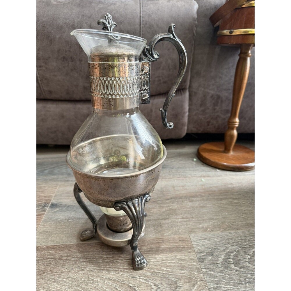 Vintage Silver Plate Glass Coffee Carafe Warmer Ornate Warming Stand with Candle